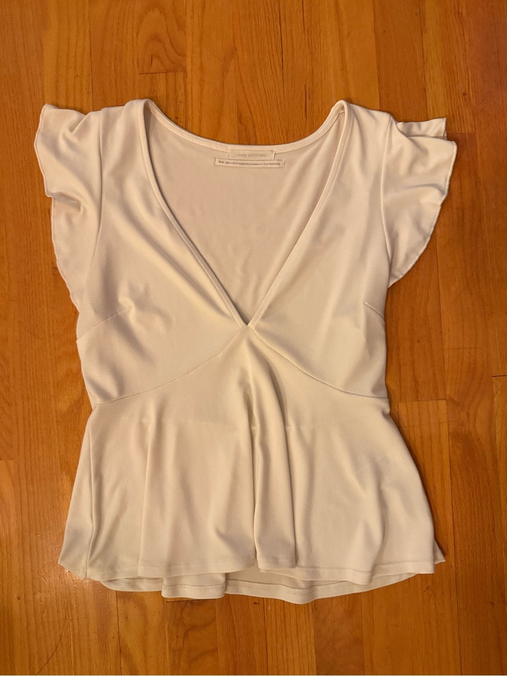 Urban Outfitters Cream V-Neck Peplum Flutter Sleeve Top